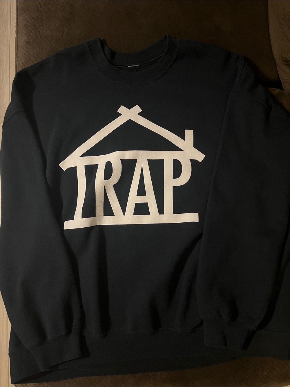 Men's Black Graphic Crewneck Sweatshirt with White 'TRAP' Logo